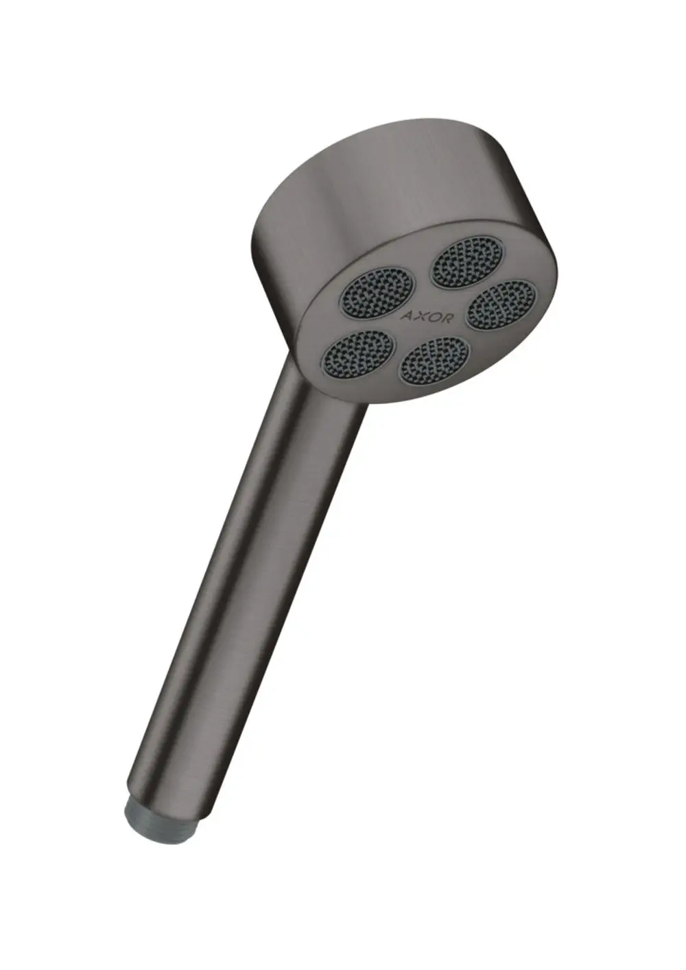 Dusche mit runder Kopfbrause und schmalem Griff in gebürstetem Schwarzchrom. Die Brause hat vier Wasserstrahlöffnungen. Marke AXOR ist erkennbar.